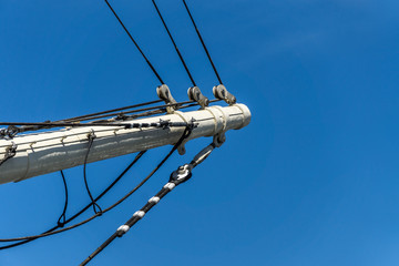 Bowsprit or front mast of a sailing ship with fixed rigging