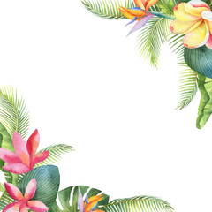 Watercolor vector card with tropical leaves and bright exotic flowers isolated on white background.