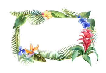 Fototapeta na wymiar Watercolor vector banner with tropical leaves and bright exotic flowers isolated on white background.