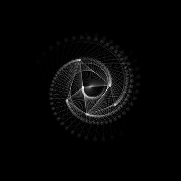 White lines and dots, spiral twisting. Abstract geometric shape. Unusual fireworks, digital explosion, whirlpool. Vector illustration on black background.