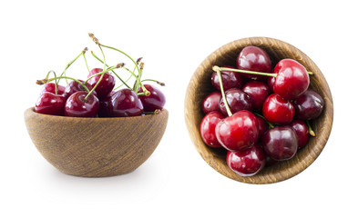 Cherry fruits with bowl on a white. Set of cherries. Two bowls with red cherries on white isolated background with copy space. Background of cherries. Ripe cherry on a white background. 
