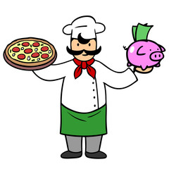 Pizzabäcker mit Pizza und Sparschwein