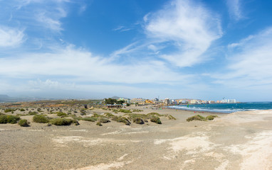 Fototapeta na wymiar Beautiful panoramic view of El Medano city on Tenerife, Canary Islands.