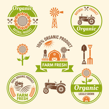 Farm fresh food and organic products vector badges
