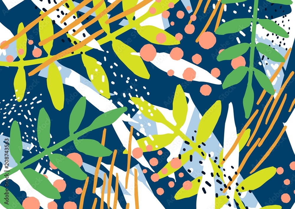 Aufkleber modern horizontal natural backdrop with tree branches, leaves and colorful abstract stains and scrib