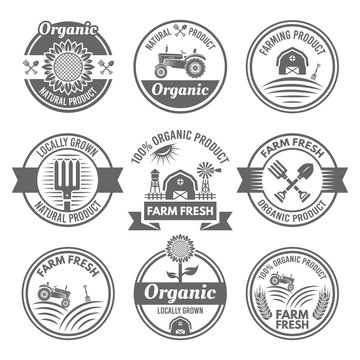 Farm fresh, organic products vector emblems