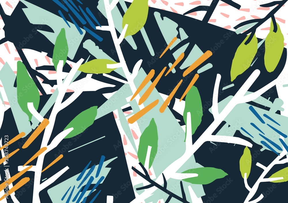 Aufkleber horizontal abstract backdrop with forest thicket, tree branches, leaves, colorful blots and patches.