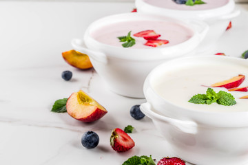 Summer healthy diet dinner, vegan food, dessert, various sweet creamy fruit & berry soups - strawberry, p