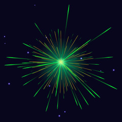 Green golden vibrant sparkling vector fireworks