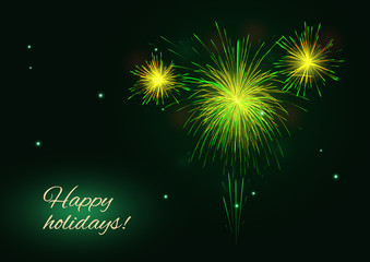 Yellow  green golden vector fireworks burst greeting, copy space.