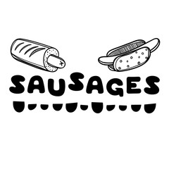 Sausages cover for cafe. Sketch concept illustration. Food flyer. Hot dog
