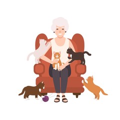 Old happy lady or grandmother sitting in comfy armchair surrounded by cats. Portrait of grandma at home. Smiling female flat cartoon character isolated on white background. Vector illustration.