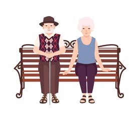 Old man and woman or grandparents sitting on bench. Portrait of elderly romantic couple relaxing outdoors. Male and female flat cartoon characters isolated on white background. Vector illustration.