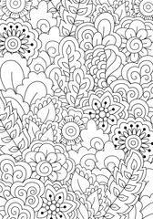 Pattern for coloring book. Black and white background with floral, ethnic, hand drawn elements for design.