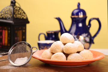 Kahk El Eid -  Cookies of El Fitr Islamic Feast - Biscuits with lantern and tea for iftar in Eid fitri