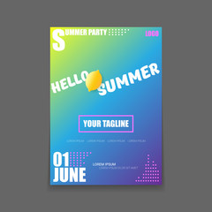 Vector Hello Summer Beach Party vertical A4 poster Design template or mock up with fresh lemon on gradient background. Hello summer concept label or flyer with orange fruit and typographic text.