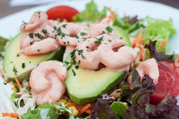 closeup of avocado and shrimps salad in a plate at restaurant