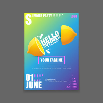 Vector Hello Summer Beach Party vertical A4 poster Design template or mock up with fresh lemon on gradient background. Hello summer concept label or flyer with orange fruit and typographic text.