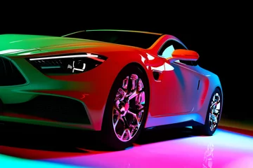 Foto op Canvas Modern coupe car in colorful spotlights © Photocreo Bednarek