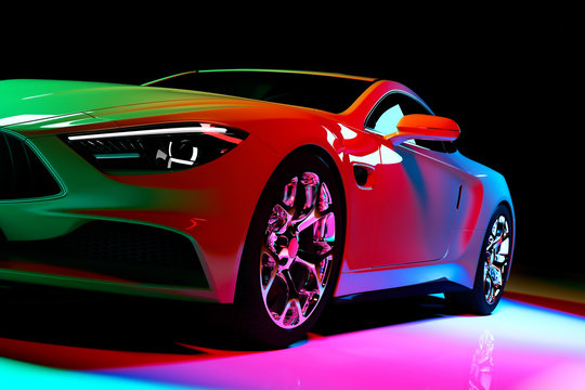 Modern coupe car in colorful spotlights