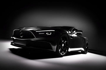 Obraz na płótnie Canvas Modern black sports car in a spotlight on a black background.