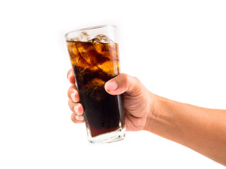 Drink cola in hand on white background.