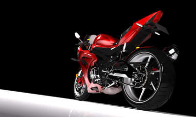 Side view of red sports motorcycle in a spotlight