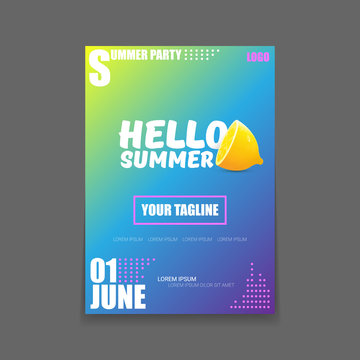 Vector Hello Summer Beach Party vertical A4 poster Design template or mock up with fresh lemon on gradient background. Hello summer concept label or flyer with orange fruit and typographic text.