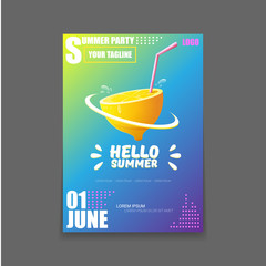 Vector Hello Summer Beach Party vertical A4 poster Design template or mock up with fresh lemon on gradient background. Hello summer concept label or flyer with orange fruit and typographic text.