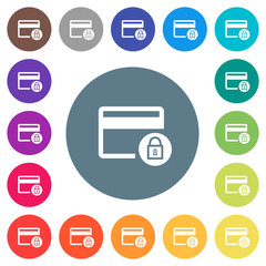 Lock credit card transactions flat white icons on round color backgrounds