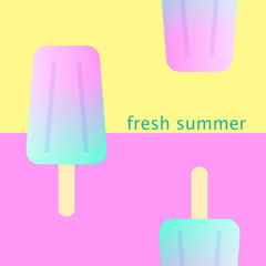 Summer minimal concept with ice cream sticks  in pastel colors. Card, banner, poster design. Fun seamless pattern for wrapping and packaging. With text Fresh summer.