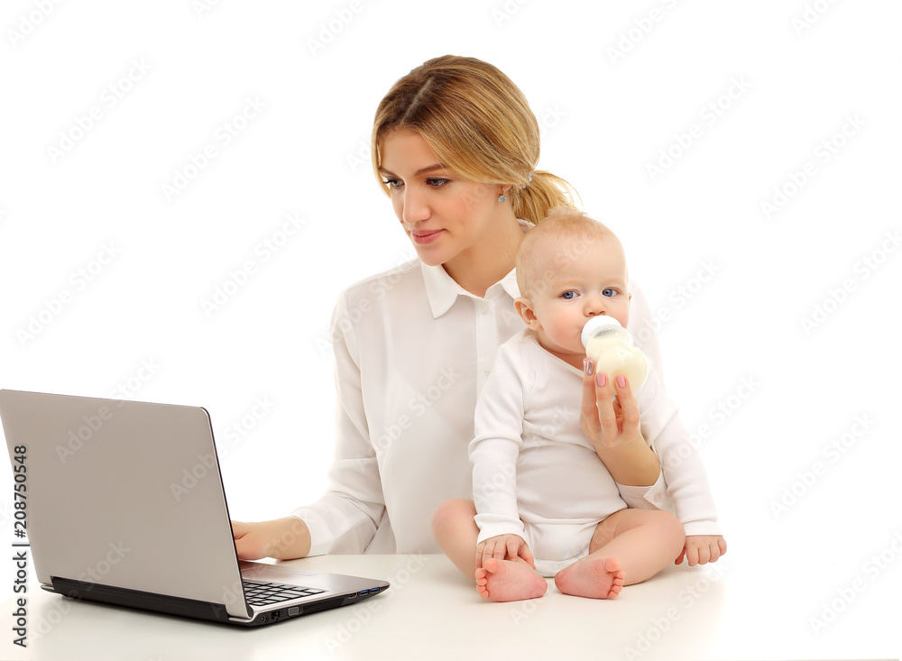 Wall mural portrait of a mother and a child working at a computer.