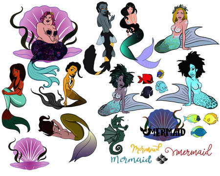 A selection of digtial hand drawn images of underwater creatures such as mermaids for you to design whatever you want. 