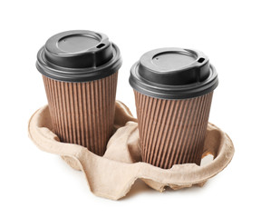 Takeaway cups for drinks on white background. Food delivery service