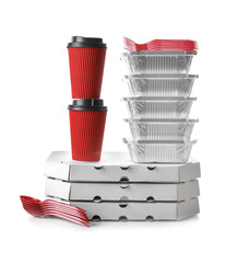 Different types of packages on white background. Food delivery service