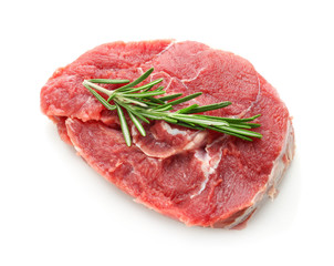 Fresh raw meat with rosemary on white background