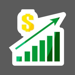 Vector colored sticker image of a chart of financial growth. Finance raising icon, money increase. Sales increase. Layers grouped for easy editing illustration.  For your design.