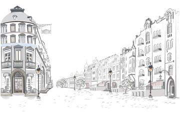 Series of street views in the old city. Hand drawn vector architectural background with historic buildings. - 208752957