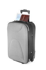 Large suitcase and documents on white background