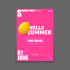 Vector Hello Summer Beach Party vertical A4 poster Design template or mock up with fresh lemon on pink background with text. Hello summer concept label or flyer with orange fruit and typographic text.