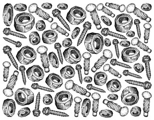 Hand Drawn Sketch Background of Screws and Nuts