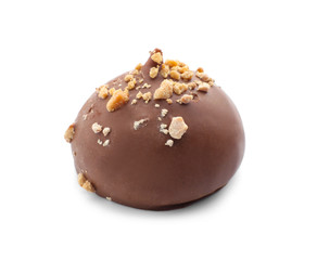 Tasty milk chocolate candy on white background