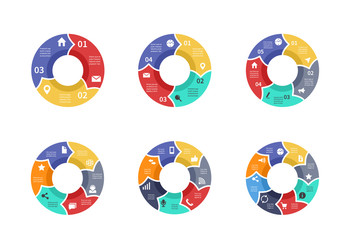 Obraz premium Circle graphic, pie diagrams, round charts with icons, options, parts, steps, process sectors vector set