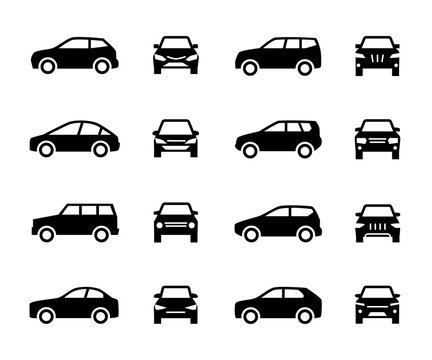 Cars front and side view signs. Vehicle black silhouette vector icons isolated on white background