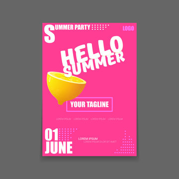 Vector Hello Summer Beach Party vertical A4 poster Design template or mock up with fresh lemon on pink background with text. Hello summer concept label or flyer with orange fruit and typographic text.