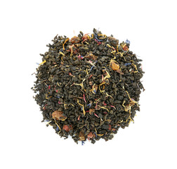 Pile of dry tea on white background, top view