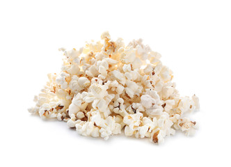 Pile of delicious popcorn on white background