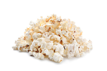 Pile of delicious popcorn on white background