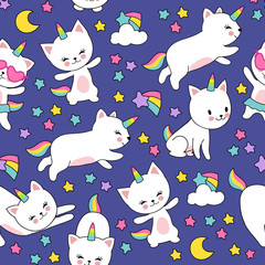 Cotton fabric Cute cats unicorn vector seamless pattern for kids textile print