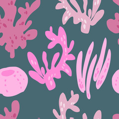 Hand drawn vector seamless tile pattern of cute corals, seashells. Simple sweet kids nursery art Scandinavian style. Graphic design for apparel.